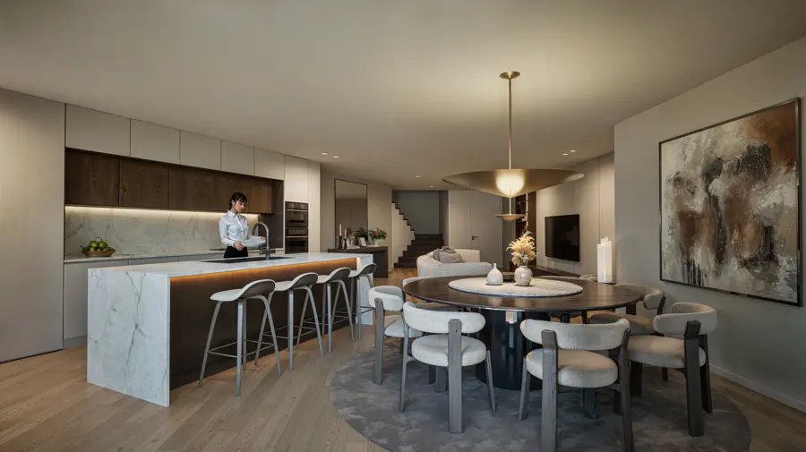 Cozinha com ilha em pedra e bancos altos