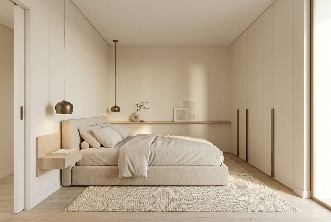 Quarto principal de um T2 em linho e carvalho claro